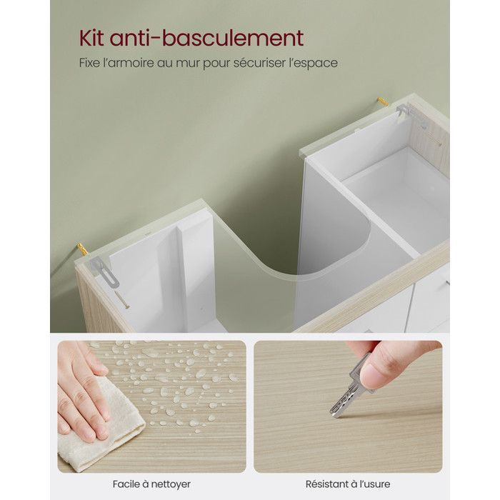 Mobile bagno con 3 cassetti laterali e 2 vani dietro l'anta, per lavabi a colonna, 30 x 70 x 64 cm, bianco e beige.