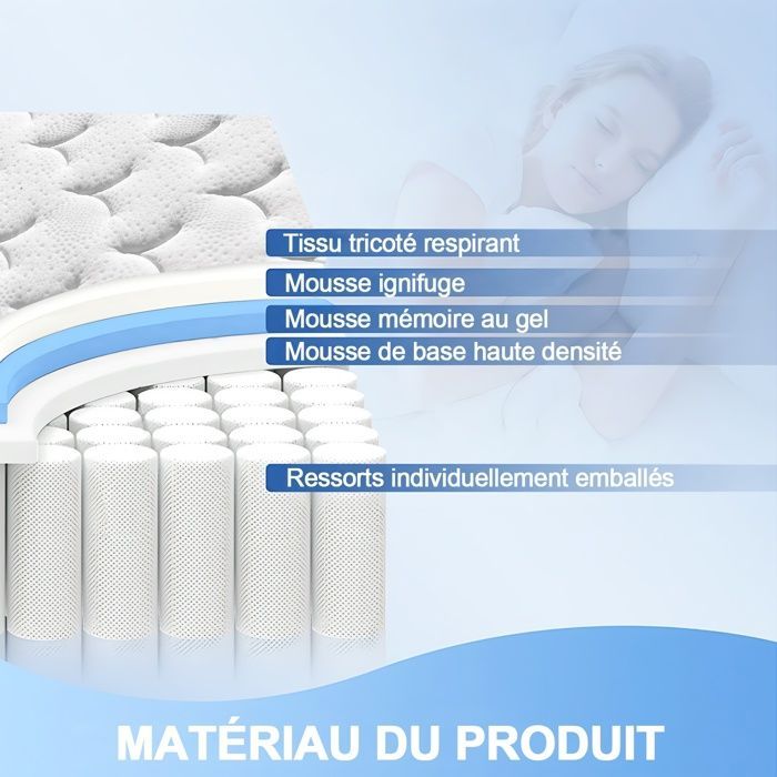 Colchón de 90x200 cm - Grosor 26 cm, Híbrido - Muelles ensacados + Espuma viscoelástica, Ergonómico - 7 zonas, Firmeza media
