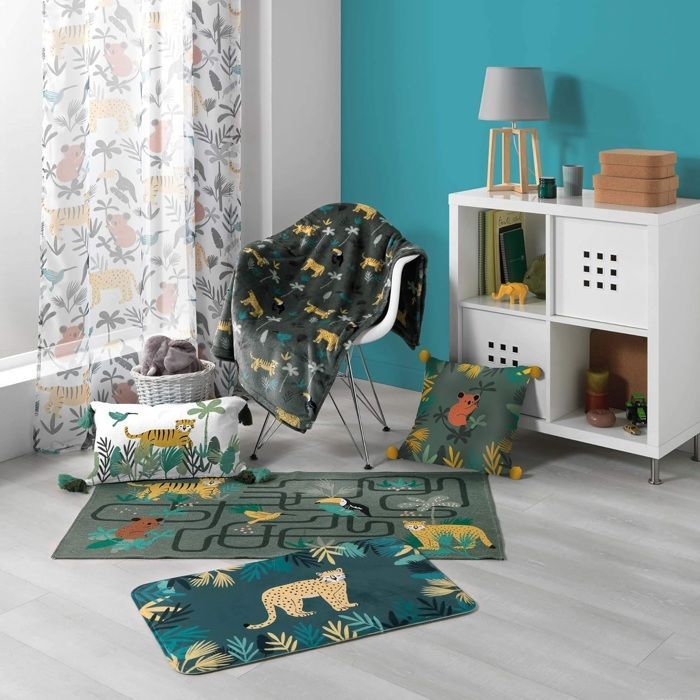 Tapis enfant - EDEN - Animaux jungle circuit - 60 x 120 cm - Polycoton - Vert motifs jungle