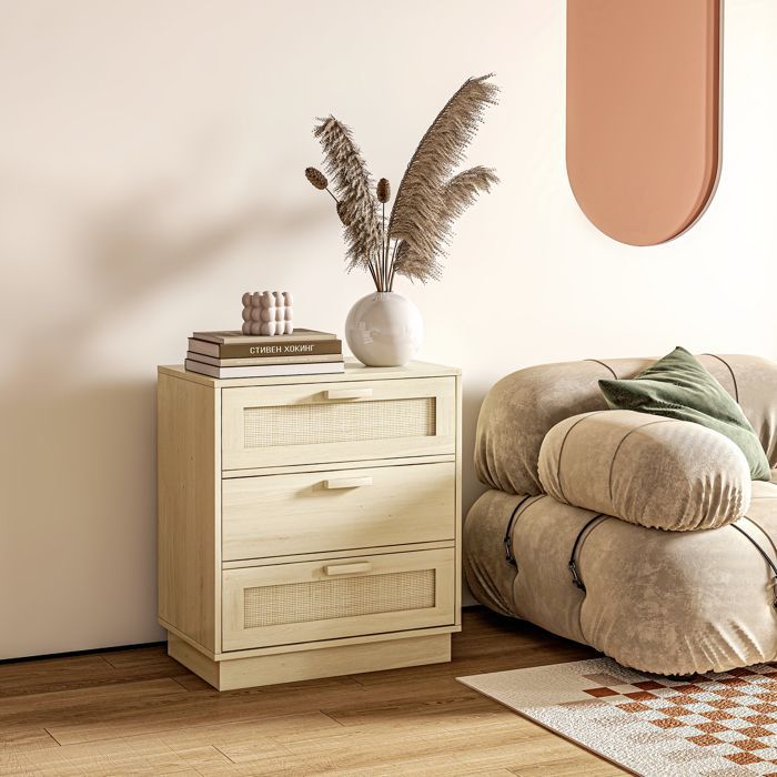 Cómoda de ratán estilo bohemio - HOMCOM - 3 cajones - mueble de almacenamiento - madera natural