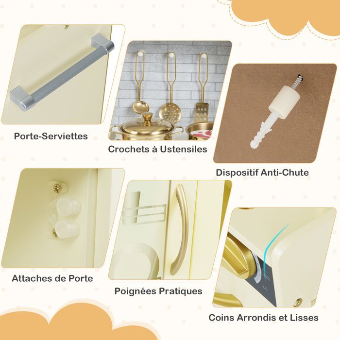 Cocina de juguete de madera COSTWAY para niños de 3 a 6 años con teléfono, pizarra, microondas, máquina de hielo y 7 accesorios - Beige