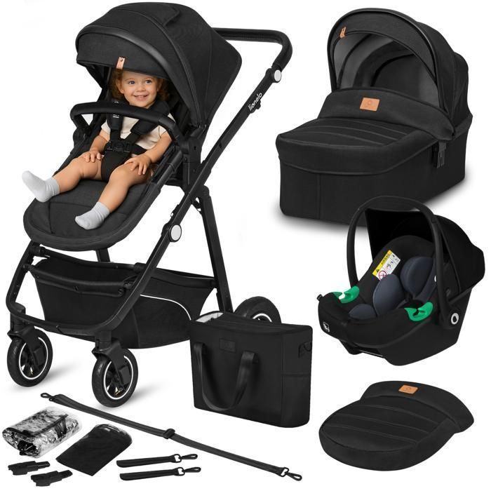 Poussette 3 en 1 LIONELO Bianka -Jusqu'à 22 kg - Pack poussette, Nacelle, Siège auto, sac et accessoires - Noir