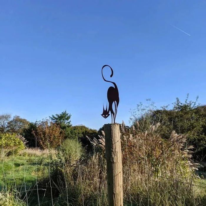 Décoration de jardin en métal - MICH - Silhouette de chat - Style rustique - Facile à installer - Pour extérieur