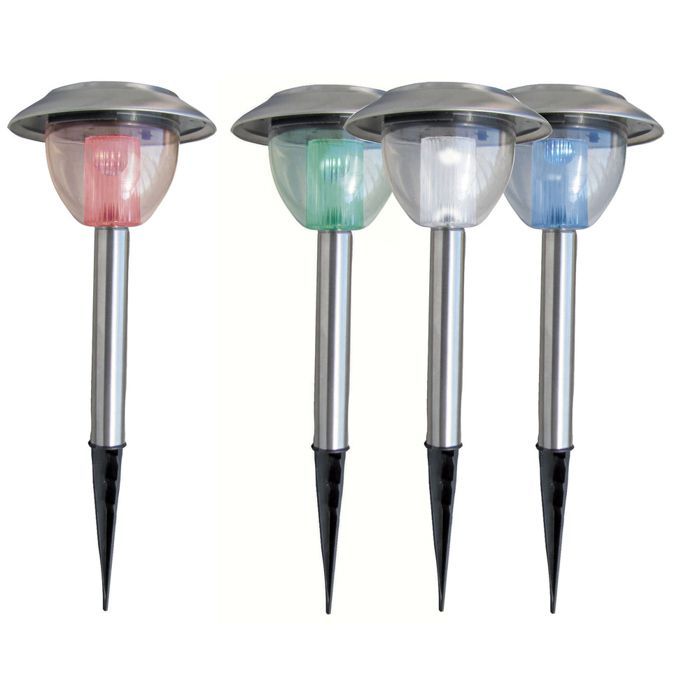Juego de 4 bolardos solares LED cromados que cambian de color, con montaje sobre estaca, 325 mm de altura - Tibelec