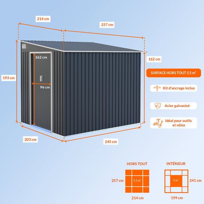 Metalen tuinschuur van 5,5 m² - 215 x 257 x 193 cm - TORONTO - Inclusief verankeringsset, 2 schuifdeuren - Grijs