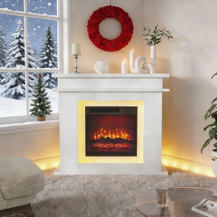 Cheminée électrique avec effet flammes 3D, Cheminée sur Pied 750/1500W avec LED, Minuterie et Protection contre la surchauffe, Blanc