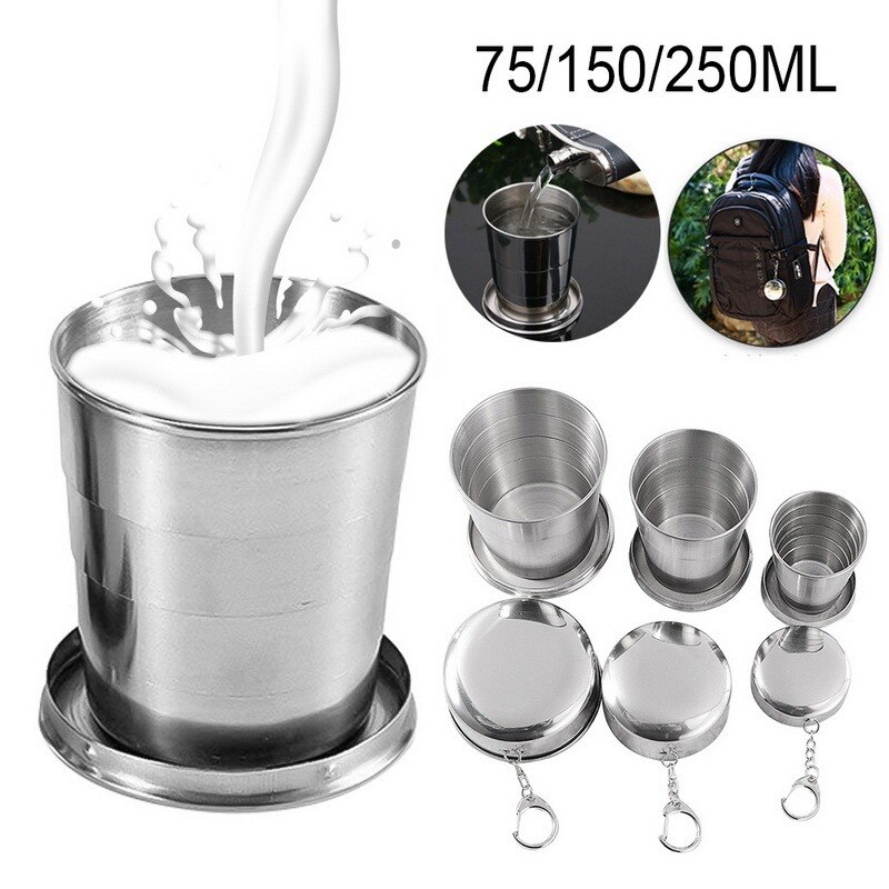 Neue faltbare Campingflasche aus Edelstahl für Reisen, Outdoor-Aktivitäten wie Camping und Wandern. Mit Schlüsselanhänger.