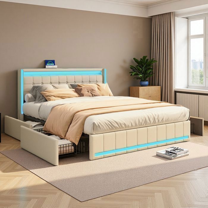 Lit 140x190 cm - COZY - LED - Tiroirs - cadre de lit double 140x190 cm - lit adulte 140x190 cm - tissu lin - beige