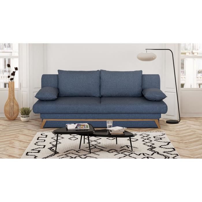 Divano letto trasformabile - 3 posti - NAOTO - Tessuto blu scuro - Vano contenitore - 202 x 98 x 98 cm