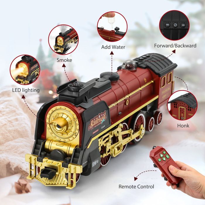 Tren eléctrico infantil, tren de vapor de juguete, trenes navideños con humo, sonidos, luces, vías y control remoto para niños y niñas.