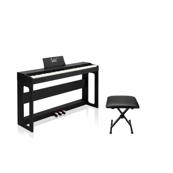 Piano eléctrico negro de 88 teclas, con banqueta plegable y elevable.
