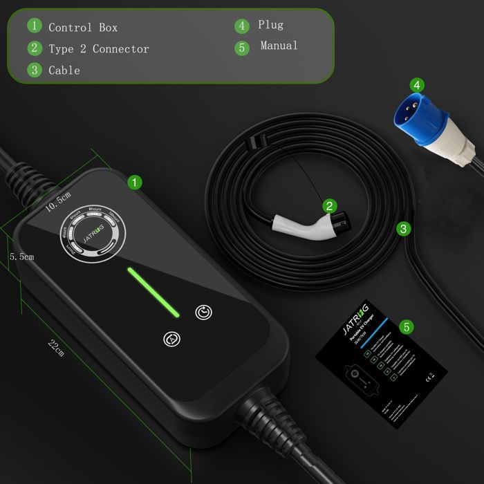 JATRHG EV Chargeur 5M 7.2KW-1.5KW 32A|16A|13A|10A|8A Type 2 Câble de Charge Voiture Electrique Portable Courant Commutable chargeur