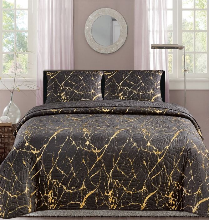 Quilted Bedspread - Christelle - 220 x 240 cm - Black and Gold - 2 Pillowcases - 100% Polyester