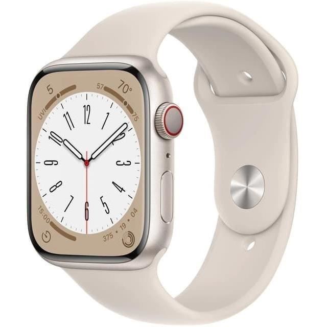Apple Watch (Series 8) 2022 GPS 45 mm - Aluminium Lumière stellaire - Bracelet sport Blanc - Reconditionné - Très bon état