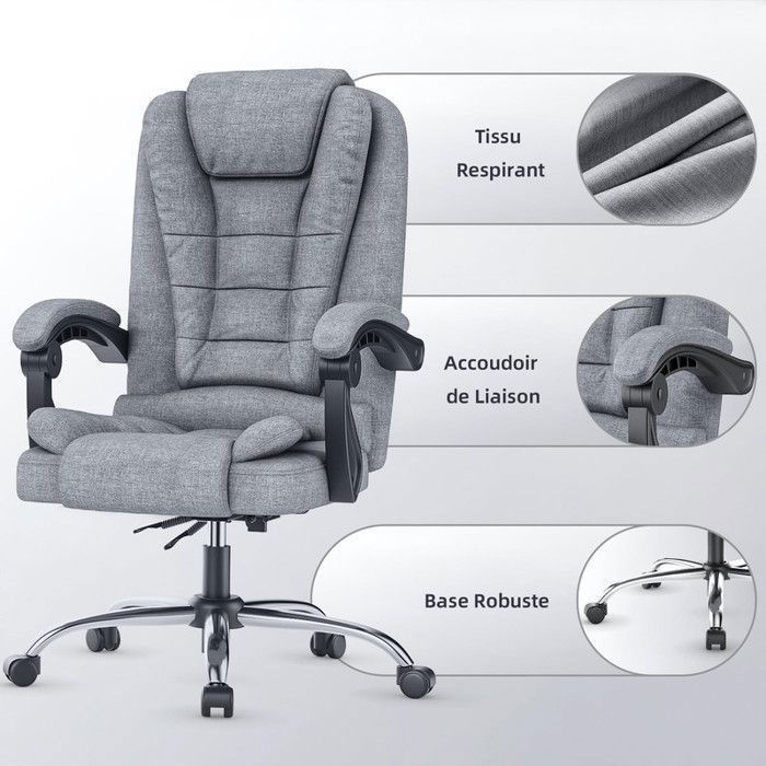 Chaise de bureau BIGZZIA, Fauteuil avec Large Assise rembourrée, Siège Ergonomique en tissu lin, Hauteur Réglable 10 cm, Gris