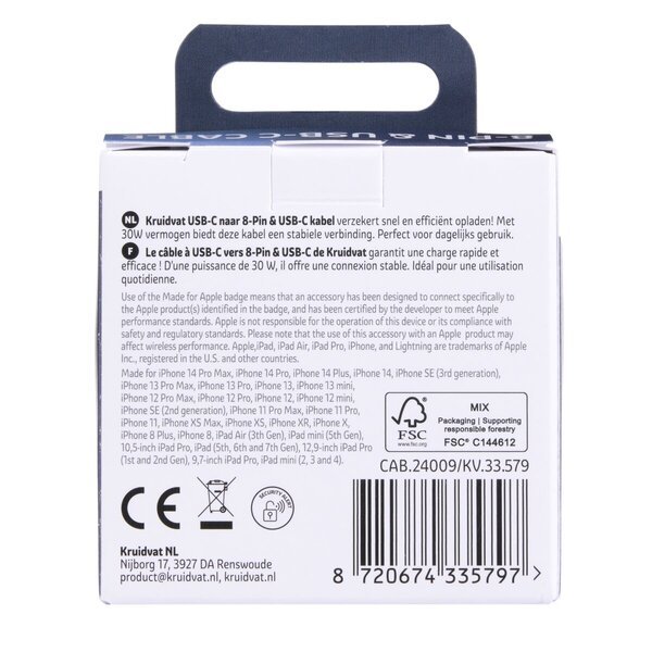 Dvojni 30W kabel Kruidvat USB-C na 8-pinski priključek<br>