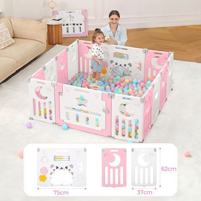 Parc Bebe 12+2 Panneaux, Parc XL Enfant Modulable Avec Verrouillage de Sécurité, Forme Réglable, Pliable, Barriere Bebe, Rose