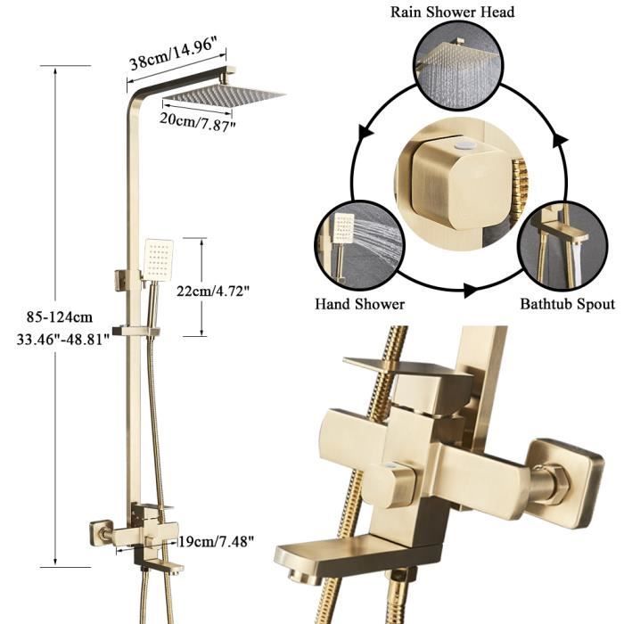 Columna de ducha JULLYBATHEVY - 3 funciones - Cabezal de ducha de 20x20 cm - Altura ajustable de 80 a 120 cm - Oro cepillado