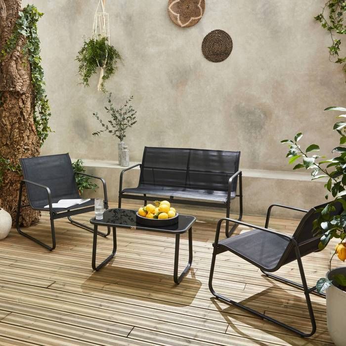 Set di mobili da giardino in metallo e textilene per 4 persone. Grigio scuro e nero. Design
