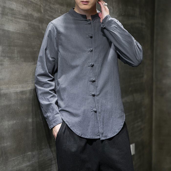 Blusa Tang de Kung Fu para hombre - FUNMOON - Lino de manga 3/4 - Azul claro - Cuello mandarín