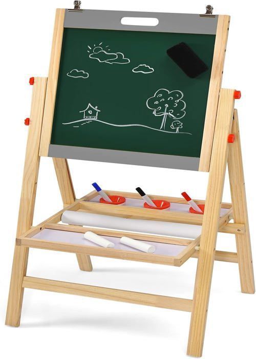 GOPLUS Chevalet Enfant Pliable,Tableau Double Face Noir/Blanc,Hauteur Réglable à 5 Niveaux,Accessoires Complets,en Bois de Pin,Gris