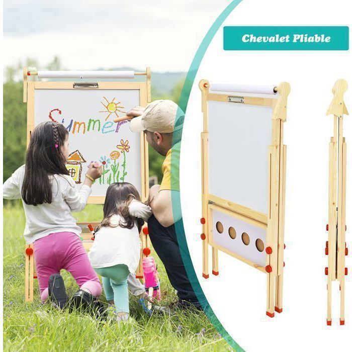 Caballete infantil de doble cara GOPLUS en madera de pino - Altura ajustable en 3 niveles - Caballete 3 en 1 con abundantes accesorios