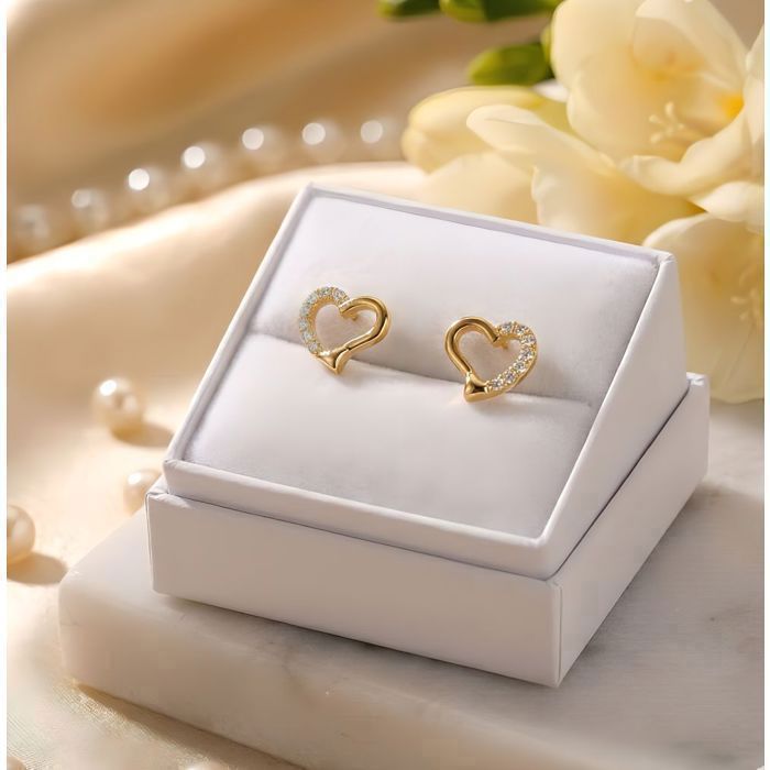 Earrings - Women's - Studs - Heart - 18k Yellow Gold Plated - Sparkling Zircons - 9 x 8 mm