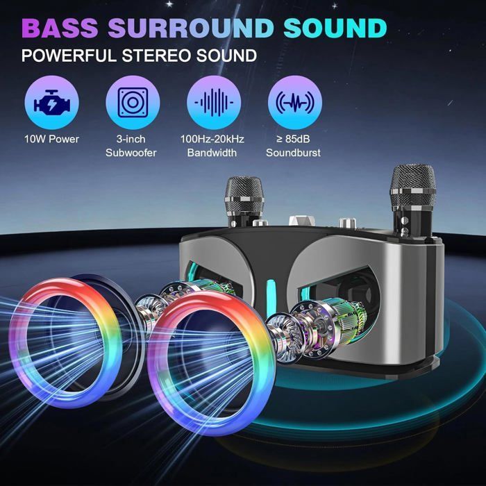 Máquina de karaoke con 2 micrófonos inalámbricos, sistema de karaoke portátil Bluetooth con forma de búho y luces de discoteca, compatible con TV/USB/AUX/TF/FM.