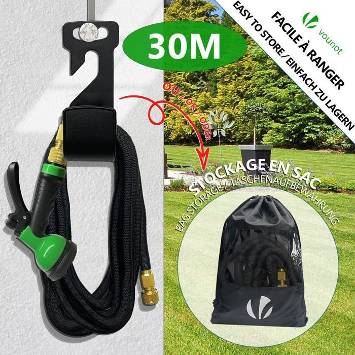 VOUNOT® Tuyau d'arrosage extensible renforcé 30m noir - 10 modes - raccord et sac de rangement inclus - flexible, anti-fuite