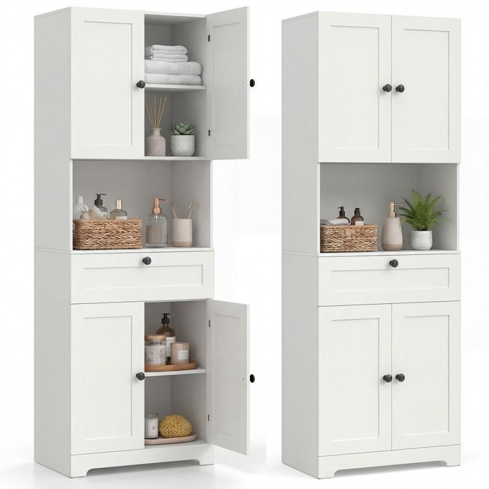 COSTWAY Armoire de Salle de Bains avec 4 Portes, 1 Tiroir, Compartiment Ouvert, Étagère Réglable, pour Salon, Cuisine, Blanc