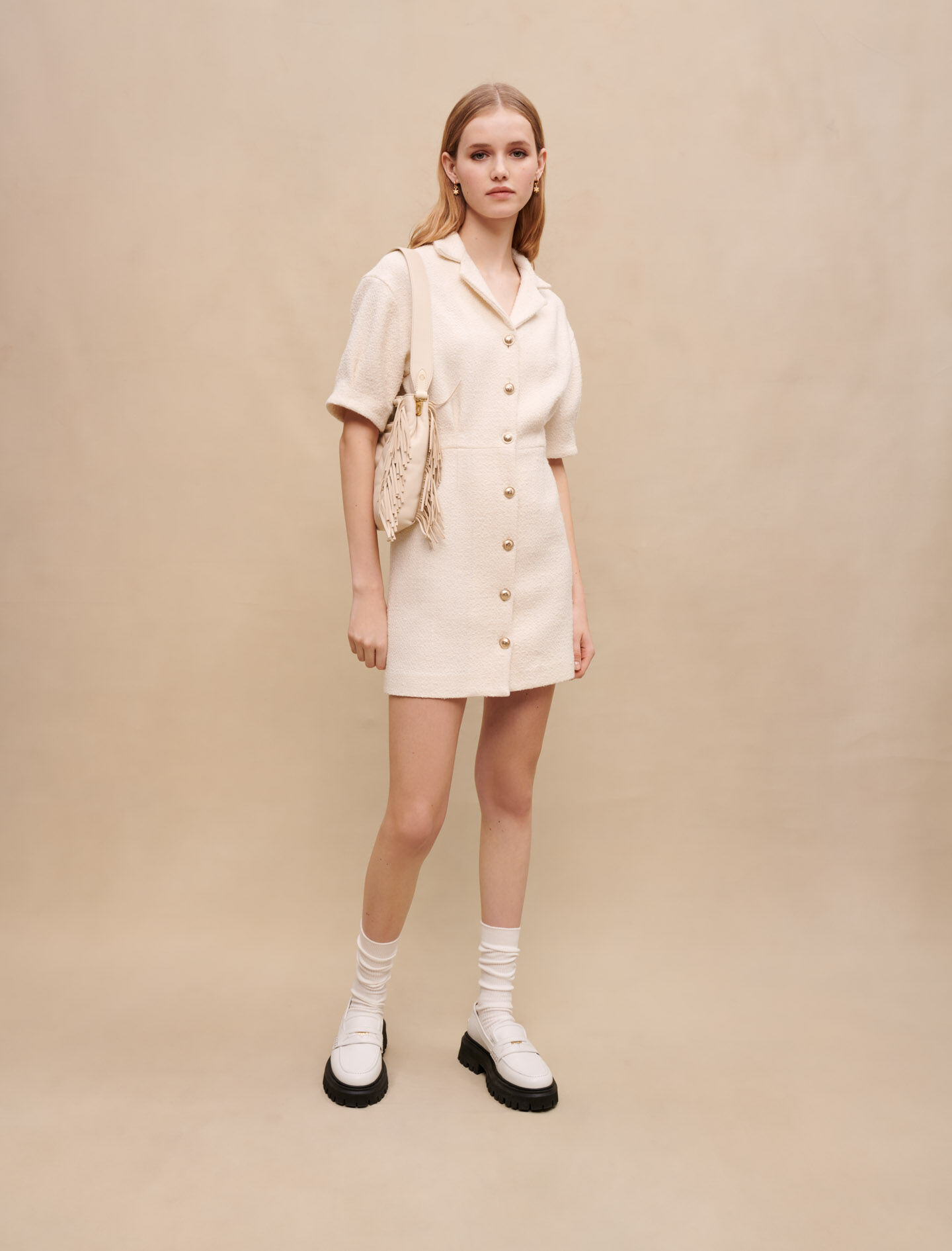 Witte tweed jurk met knoopsluiting - Gebroken wit