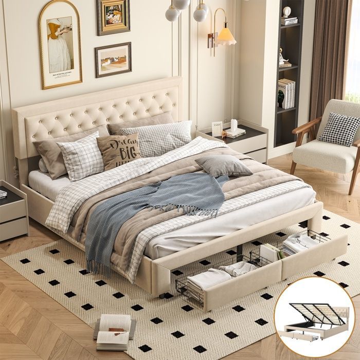 KILISKY Opbergbed 180x200 cm - Beige - Gestoffeerd hoofdbord - 2 lades - Massief hout