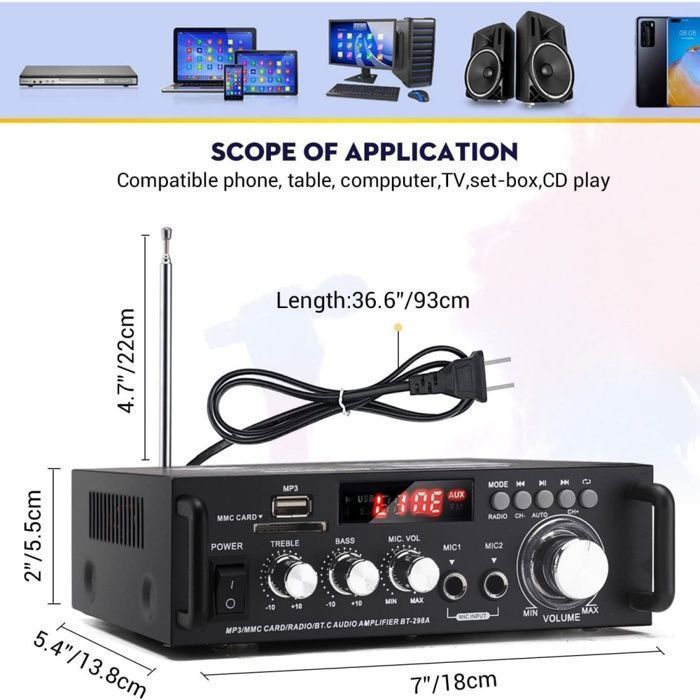 Amplificador HiFi, Bluetooth 5.0, micrófonos duales, 2 canales, múltiples interfaces, con control remoto, negro.