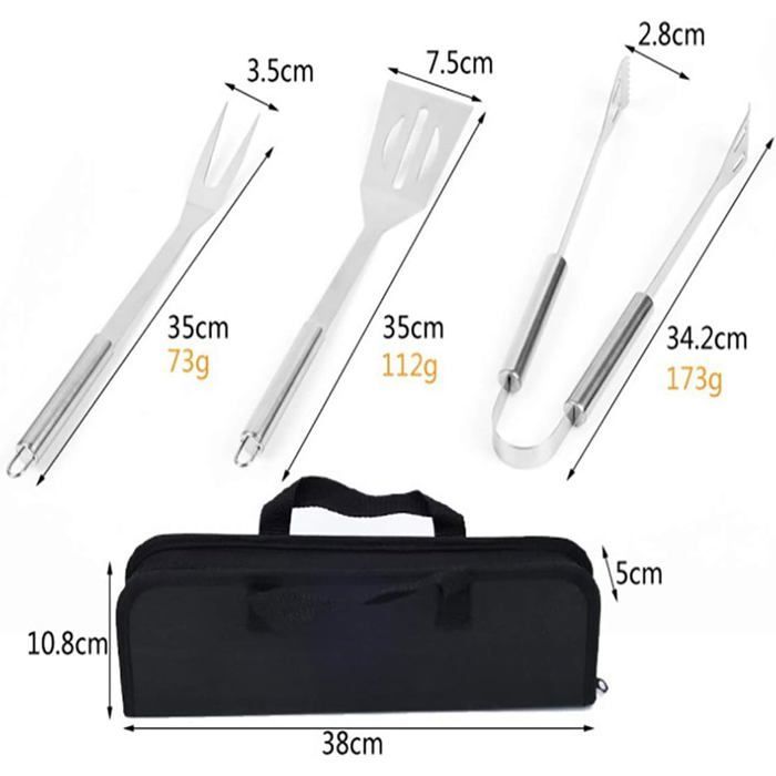Utensílios para Churrasco - PZCC - Conjunto de 3 Peças - Aço Inoxidável - Bolsa para Transporte - Durável