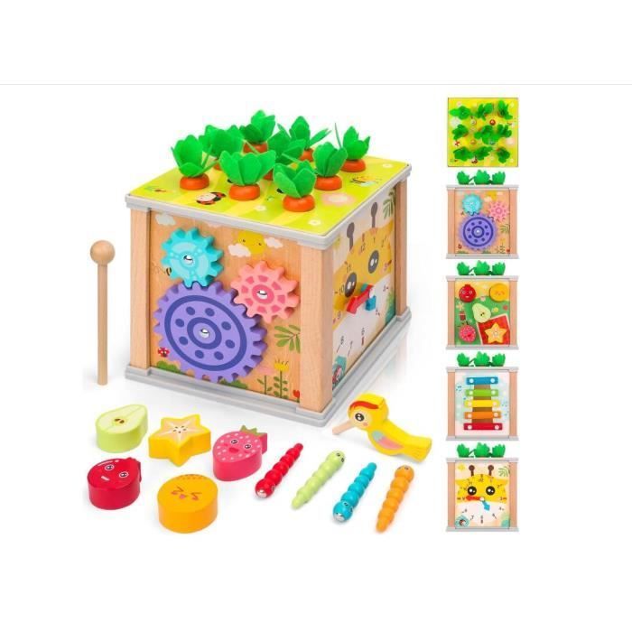 6-in-1 Wooden Activity Cube for Children Ages 2-4 - Shape Sorter, Xylophone, Clock and More