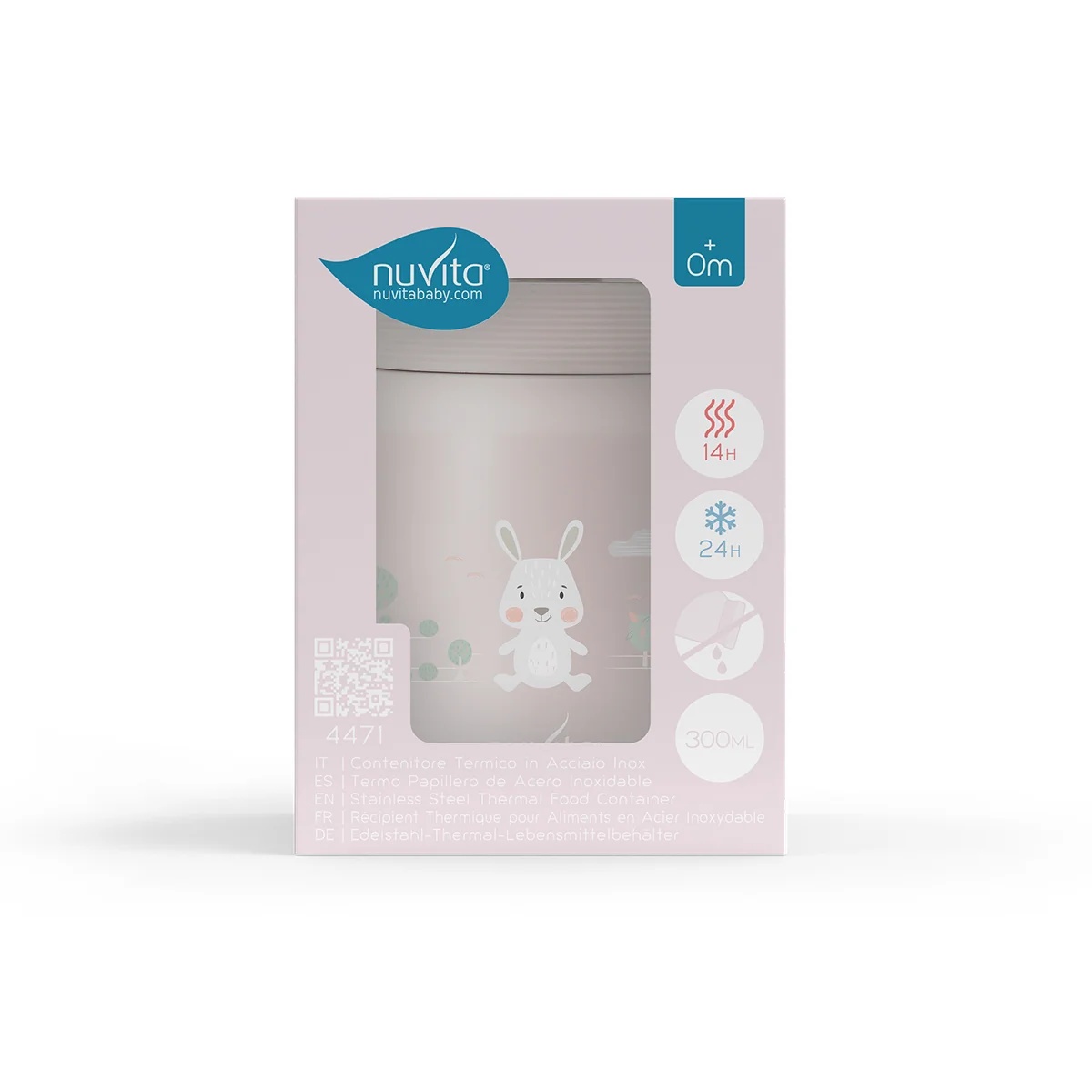 Garrafa térmica Nuvita em aço inoxidável para alimentos líquidos/sólidos, rosa, 300 ml, com fechamento hermético para papinhas e caldos de bebê.