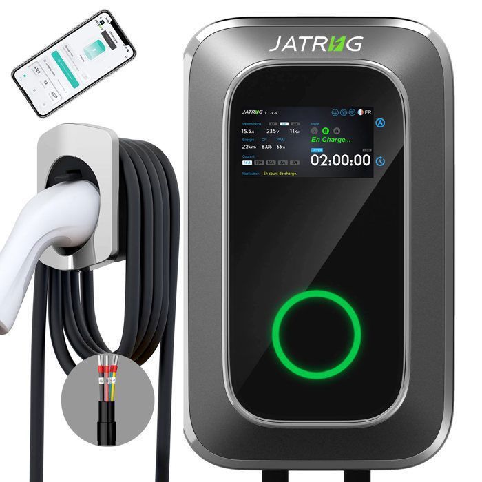 JATRHG S1 Borne de Recharge pour Véhicule Électrique 22kW 32A, Câble 8M Programmation de Charge et Réglage de Courant