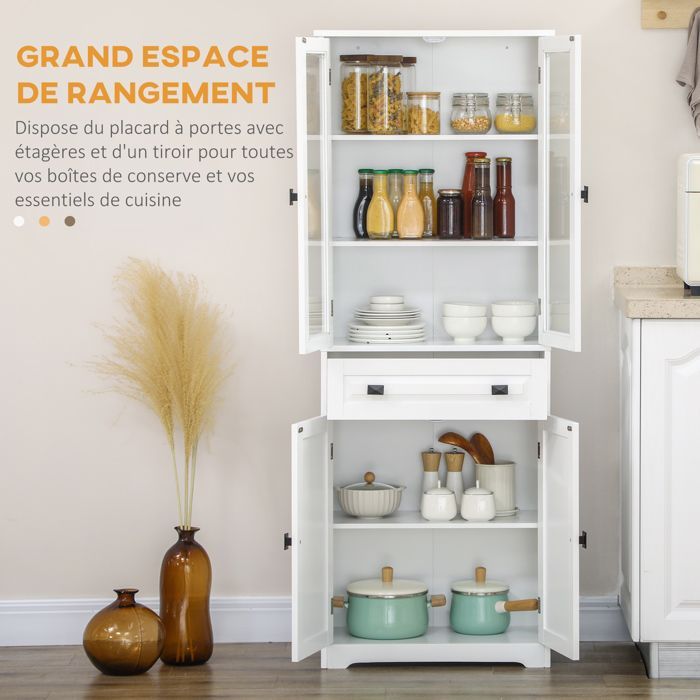 Aparador de cocina - HOMCOM - armario alto con 4 puertas (2 de cristal), 1 cajón, estantes ajustables - madera - altura 160 cm - blanco