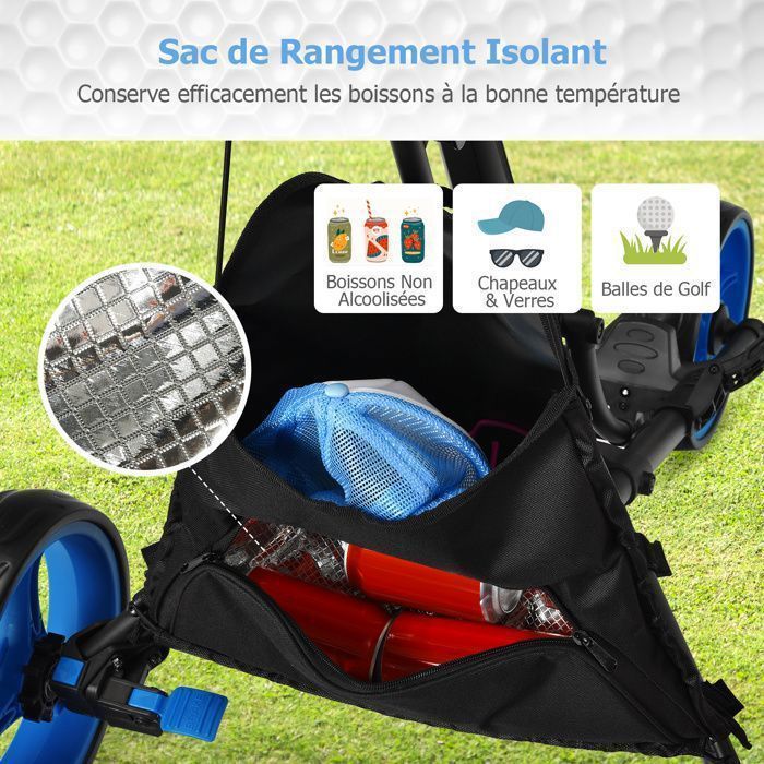 Carrito de golf plegable de 5 ruedas COSTWAY con correa elástica, soporte ajustable para paraguas y portavasos, bolsa con revestimiento de aluminio, color azul.