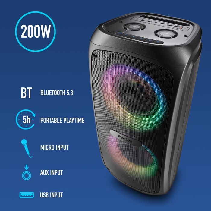 NGS WILD TEMPER: 200W portátil BT/TWS, USB/AUX, LED, autonomia de 5h, 2 entradas micro.