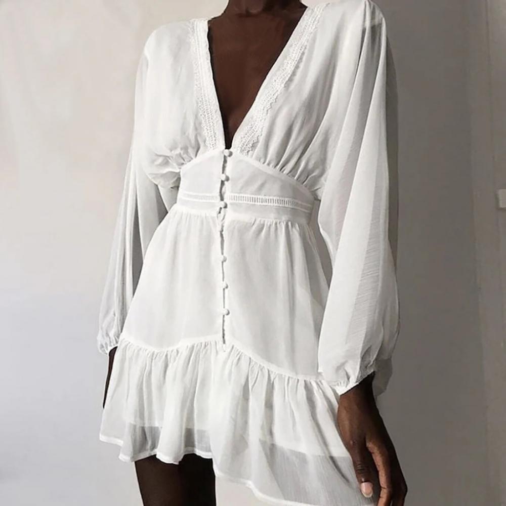 Abito estivo da donna sexy con scollo a V profondo, in pizzo bianco, maniche lunghe, mini abito da festa, volant autunnali, abbigliamento elegante 2020 Vestidos
