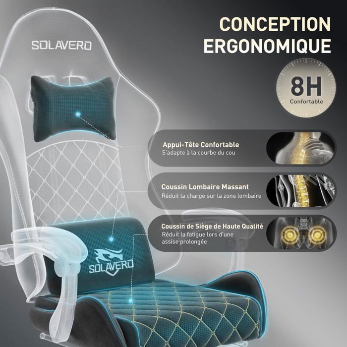 EcoFurnix Gaming en Tissu Suédine, Fauteuil Gamer Ergonomique avec Support Lombaire Massante, Siège de Bureau , Charge 150kg, Noir