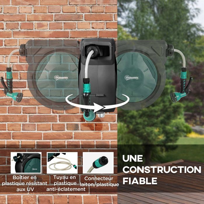 Wall-Mounted Hose Reel - Outsunny - 30m x 15mm Diameter - Automatic Retractable, 180° Swivel - 7-Mode Nozzle - Green