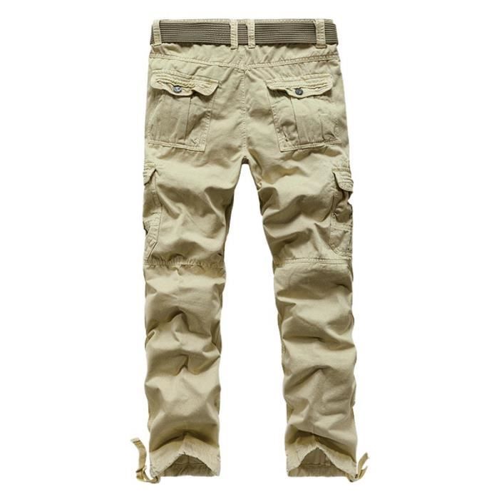 Pantalon Cargo Militaire Homme en Coton Coupe Droite Pantalon Multi-poches Couleur Unie - Kaki