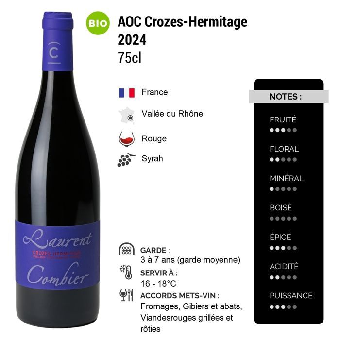 Domaine Combier Crozes-Hermitage Cuvée L 2024 - Vin Rouge de la Vallée du Rhône (6x75cl) BIO.