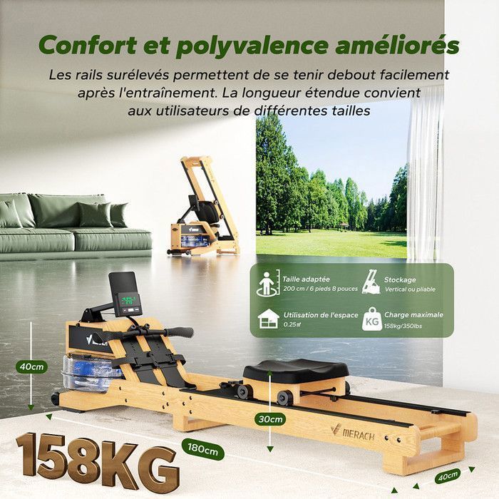 Rameur à eau pliable - MERACH - 15 L - 6 repères de remplissage - Connectivité APP - Ecran LCD - Max 150kg - Bois d'hévéa clair