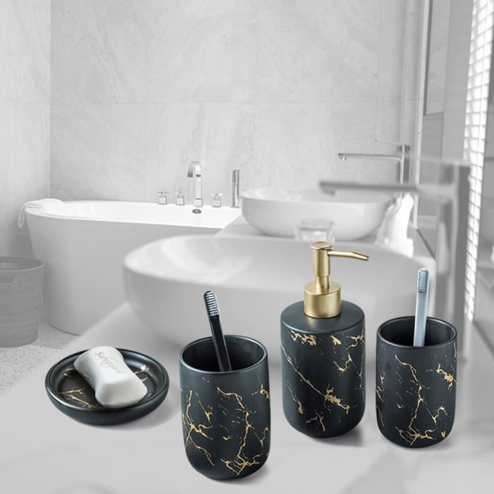 Juego de accesorios de baño - RNCYN - 4 piezas - Cerámica - Diseño mármol - 300 ml