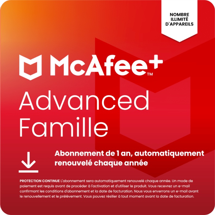 McAfee+ Advanced Famille, nombre illimité d'appareils | Abonnement de 1 an, renouvellement automatique annuel