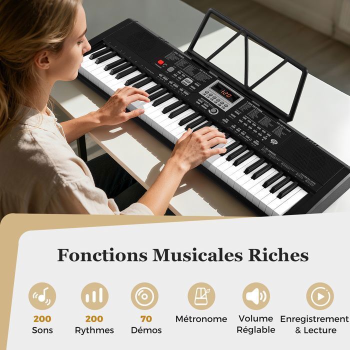 Teclado electrónico portátil COSTWAY de 61 teclas con iluminación - Función SPLIT - Pegatinas - 2 modos de alimentación - Micrófono y auriculares