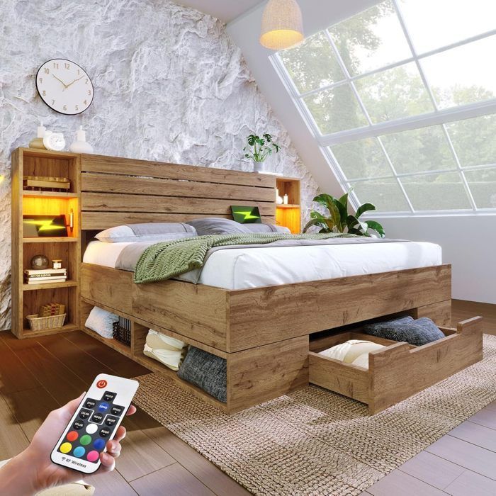 Cama industrial de 180x200 con somier de láminas, puertos LED y USB, cama doble con cabecero y cajones, estructura de madera de roble (colchón no incluido).